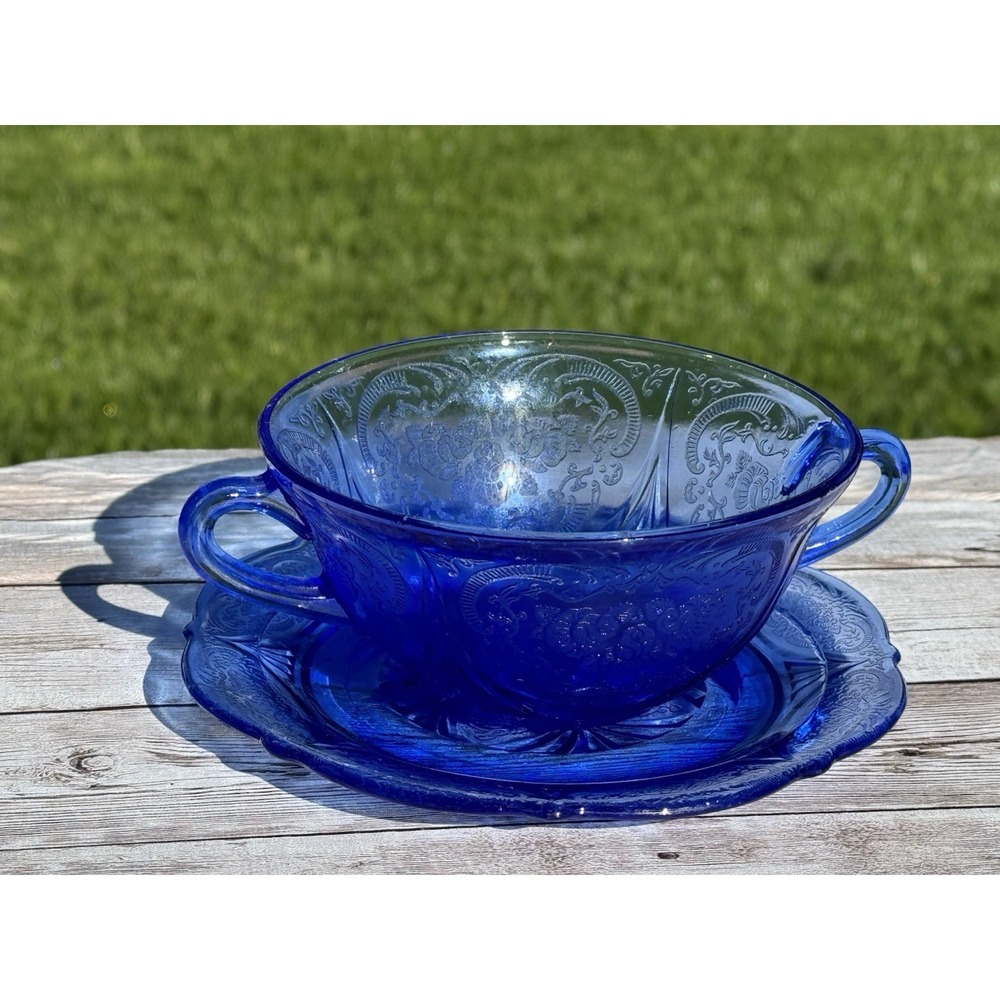 Hazel-Atlas Royal Lace Cobalt Blue Cream Soup Bowl Saucer Underplate Set 30s VTG